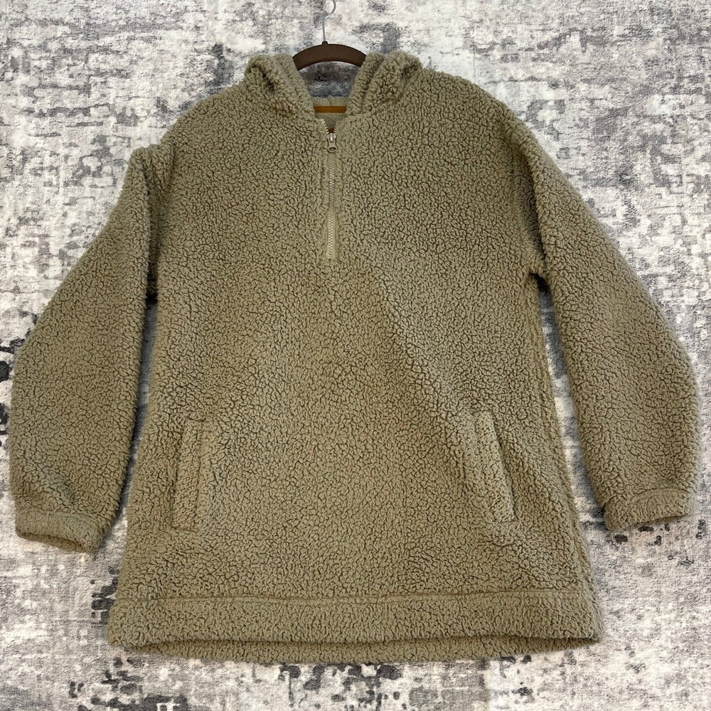 Koolaburra by UGG Small Sherpa Fleece 1/4 Zip Hoodie Sage Green Beige Cozy-Core